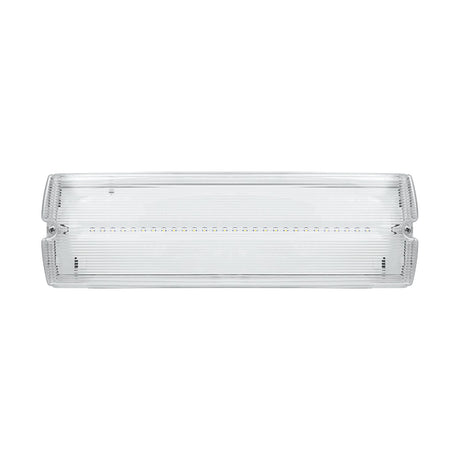 ESP Duceri emergency bulkhead light with rectangular clear ribbed diffuser, white housing, integrated LED strip, IP65 rated, on a plain white background.