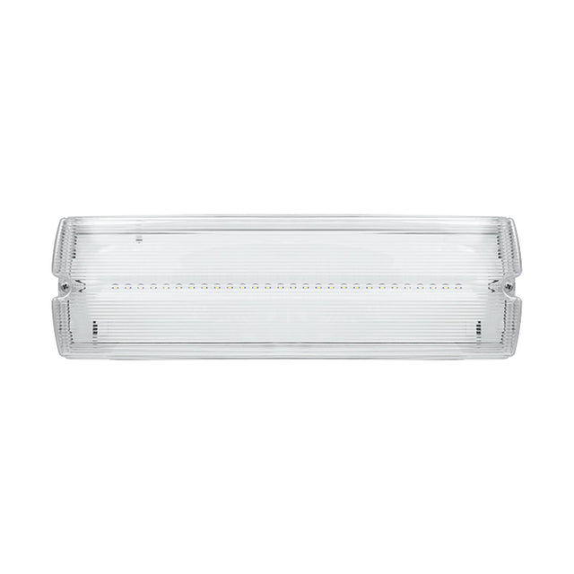 ESP Duceri emergency bulkhead light with rectangular clear ribbed diffuser, white housing, integrated LED strip, IP65 rated, on a plain white background.