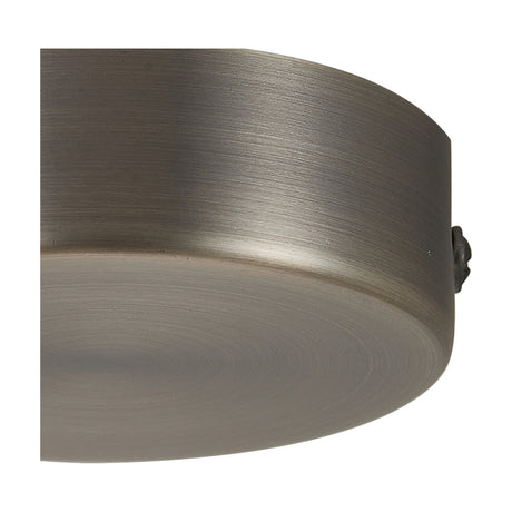 Close-up of the Hayes Round No-Hole Ceiling Rose 80mm in Antique Silver, showing its shallow drum shape, brushed metal finish, and unbroken face on a white background.