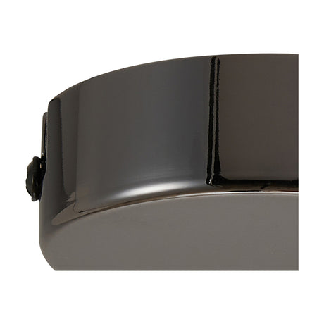 Close-up of the Hayes Round No-Hole Ceiling Rose 80mm in black chrome, showing its shallow domed profile and smoky gunmetal finish against a plain white background.