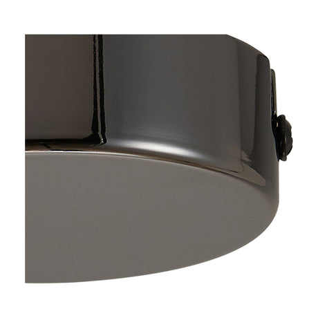 Close-up of the Hayes Round No-Hole Ceiling Rose 80mm in black chrome, showing its shallow domed profile, plain unbroken face, and smoky gunmetal-toned finish against a plain white background.