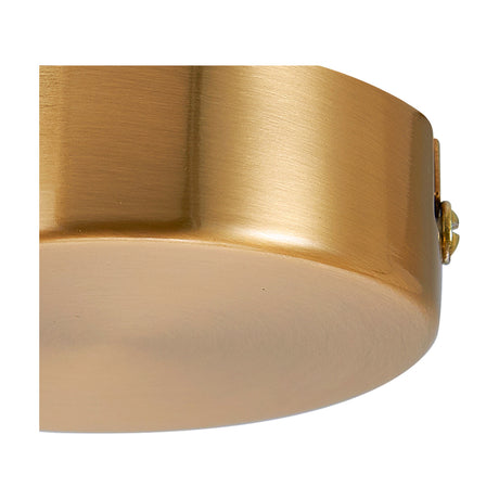 Close-up of the Hayes Round No-Hole Ceiling Rose 80mm in brass, showing its shallow cylindrical body, closed face, and side fixing screw against a plain white background.