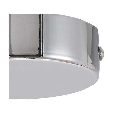 Close-up of the Hayes Round No-Hole Ceiling Rose 80mm in polished chrome, showing its shallow steel disc form and solid face against a plain white background.