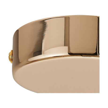 Close-up of the Hayes Round No-Hole Ceiling Rose 80mm in French Gold, a shallow solid disc with a smooth curved iron finish, shown against a plain white background.