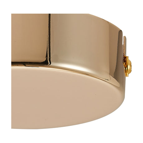 Close-up of the Hayes Round No-Hole Ceiling Rose 80mm in French Gold, showing the solid domed disc, curved edge and mounting screw against a white background.