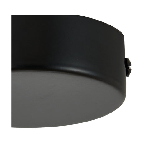 Close-up of the Hayes Round No-Hole Ceiling Rose 80mm in matt black iron, showing its curved solid face, plain edge, and small side bracket on a white background.