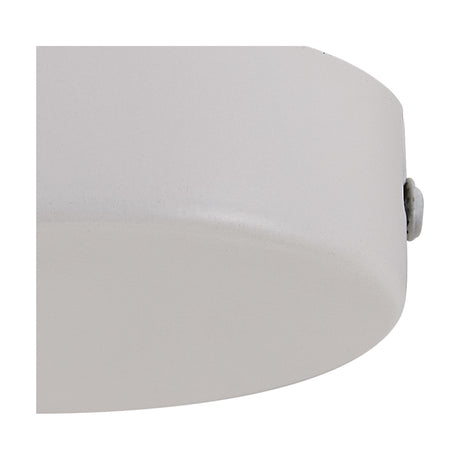 Close-up of the Hayes Round No-Hole Ceiling Rose 80mm in matt white, showing its shallow iron disc with a plain, unbroken face and no cable hole.