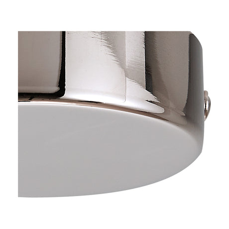 Close-up of the Hayes Round No-Hole Ceiling Rose 80mm in polished nickel, showing its smooth curved edge and reflective metal surface against a white background.