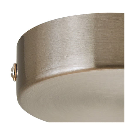 Close-up of the Hayes Round No-Hole Ceiling Rose 80mm in satin nickel, a shallow iron disc with a solid unbroken face and visible fixing screw, shown against a plain white background.