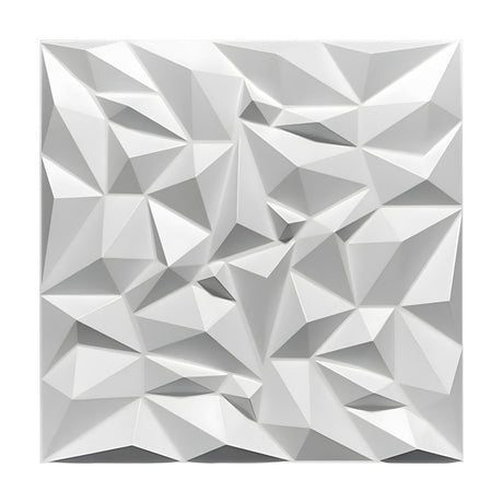 White 50 x 50cm 3D PVC wall panel with irregular triangular facets forming jagged pyramids and hollows, shown against a plain white background.