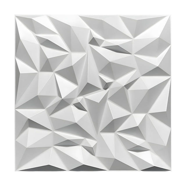 White 50 x 50cm 3D PVC wall panel with irregular triangular facets forming jagged pyramids and hollows, shown against a plain white background.