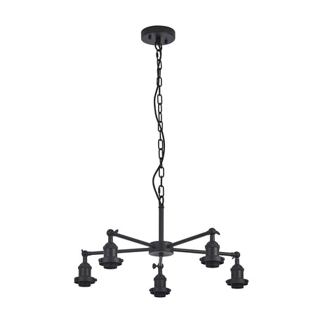 Dreifa E27 Curved Pendant Light 64cm in satin black, with five curved arms extending from a central ceiling rose to hold bare E27 lamp holders in an even circle, shown on a plain white background.