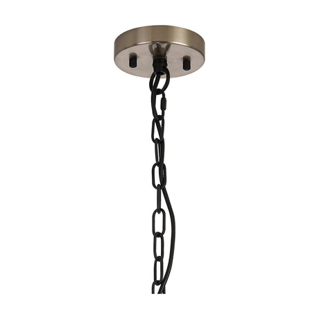 Close-up of the Dreifa E27 pendant light's satin nickel ceiling rose with black chain and cabling, shown against a plain white background.
