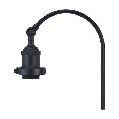 Dreifa E27 table lamp in satin black iron with a curved arm and E27 lampholder, shown against a plain white background.