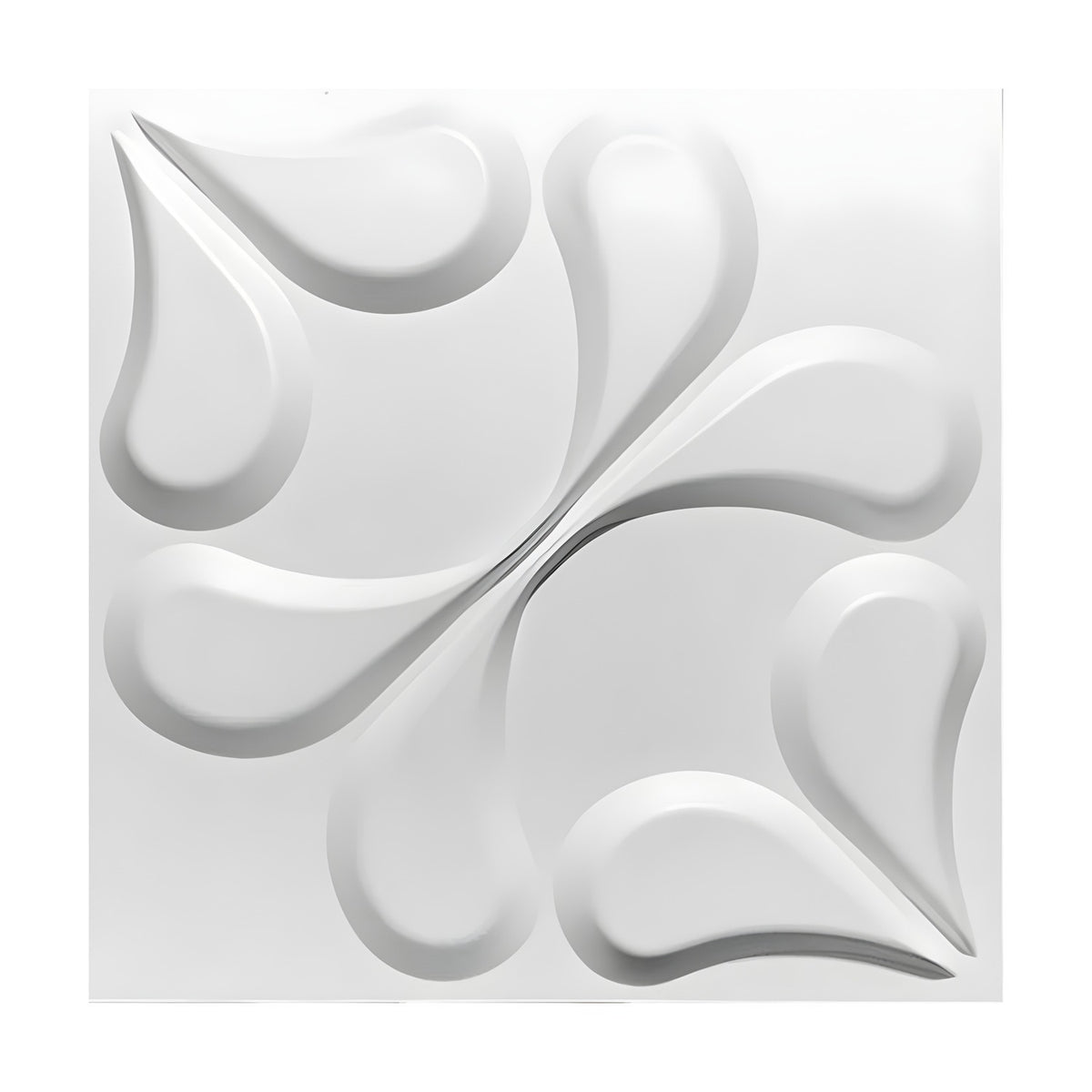 White square 3D PVC wall panel, 50 x 50cm, with raised teardrop petal shapes meeting at the centre, set on a plain white background.