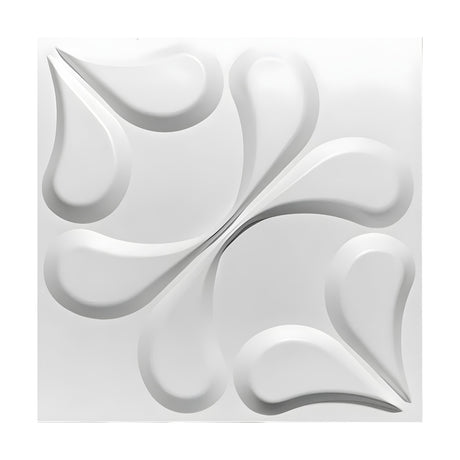 White square 3D PVC wall panel, 50 x 50cm, with raised teardrop petal shapes meeting at the centre, set on a plain white background.