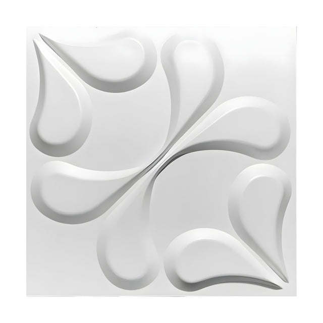 White square 3D PVC wall panel, 50 x 50cm, with raised teardrop petal shapes meeting at the centre, set on a plain white background.