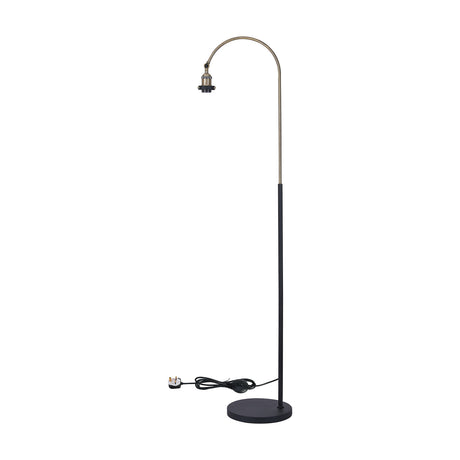 Dreifa E27 floor lamp with curved arched arm, black stem, antique brass finish, exposed E27 lampholder, round black base and foot switch cable, on a plain white background.