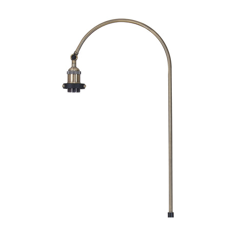 Dreifa E27 Floor Lamp in antique brass with black accents, featuring a tall curved arm rising to an angled E27 lampholder, shown shadeless on a plain white background.