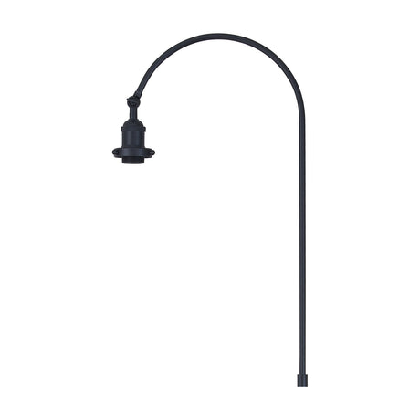 Dreifa E27 floor lamp in satin black iron, slim curved arm rising from a straight column to an exposed E27 socket, shown on a plain white background.