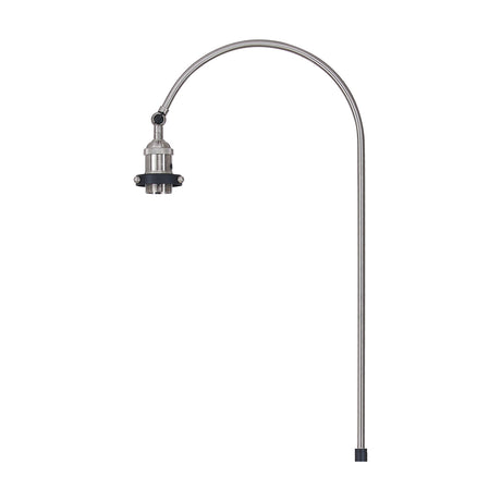 Dreifa E27 floor lamp with a curved satin nickel arm and column, black base and lamp holder, no shade, shown on a plain white background.