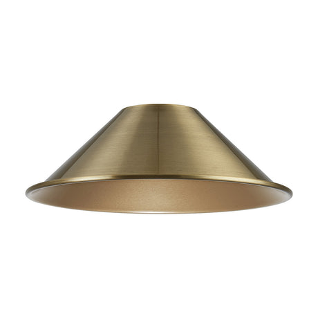 Dreifa Curved Lamp Shade 21cm in painted antique brass, a shallow metal cone with a softly curved edge, shown against a plain white background.