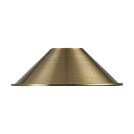 Dreifa Curved Lamp Shade 21cm in painted antique brass, a shallow cone-shaped metal shade with a softly curved edge, shown against a plain white background.