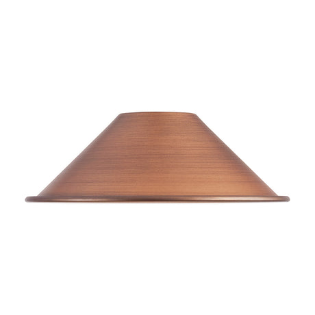 Dreifa Curved Lamp Shade 21cm in painted antique copper, a shallow metal cone shade with a low curve, shown against a plain white background.