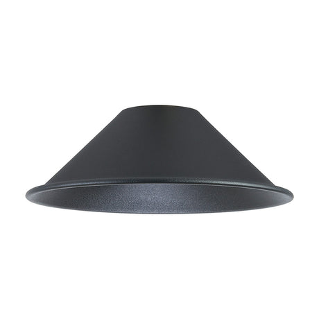 Dreifa Curved Lamp Shade 21cm in satin black, a shallow, wide-angled metal cone shade shown on a plain white background.