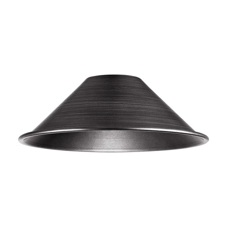 Dreifa Curved Lamp Shade 21cm in pewter, a shallow cone-shaped metal shade with a brushed grey finish, shown on a plain white background.
