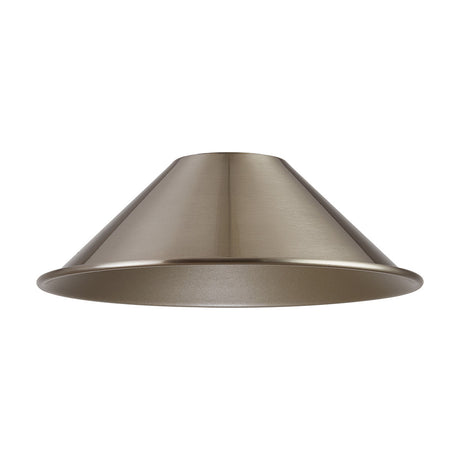 Dreifa Curved Lamp Shade 21cm in satin nickel, a shallow metal cone shade with a wide mouth and low profile, shown against a plain white background.