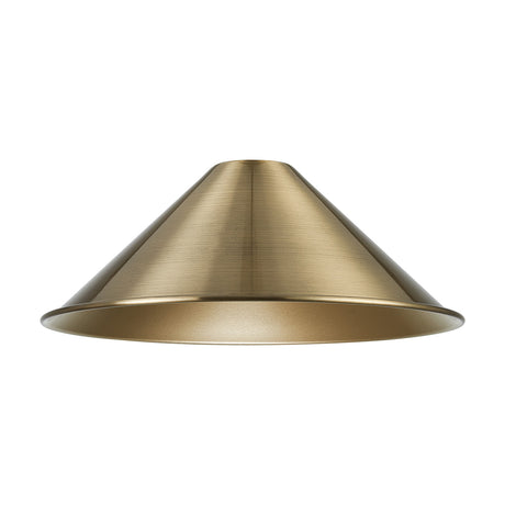 Dreifa Curved Lamp Shade 30cm in painted antique brass, a shallow cone-shaped metal shade with golden inner face, shown on a plain white background.