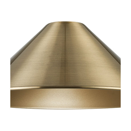 Close-up of the Dreifa Curved Lamp Shade 30cm in painted antique brass, showing its shallow cone shape and brushed metal finish against a plain white background.