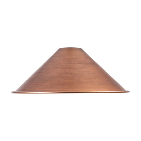 Dreifa Curved Lamp Shade 30cm in painted antique copper, a wide low iron cone shade with a smooth unpatterned surface, shown against a plain white background.