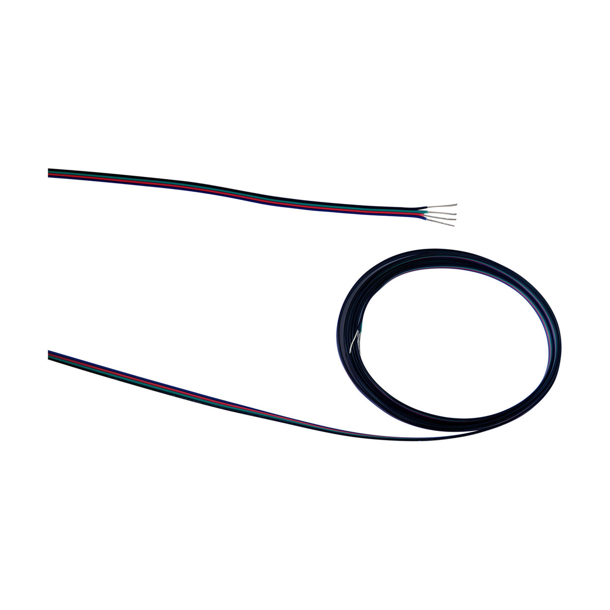 Cavo 4 core copper cable, 0.5mm RGB LED strip wire with black PVC jacket and coloured internal cores, shown coiled and unrolled with stripped ends on a white background.