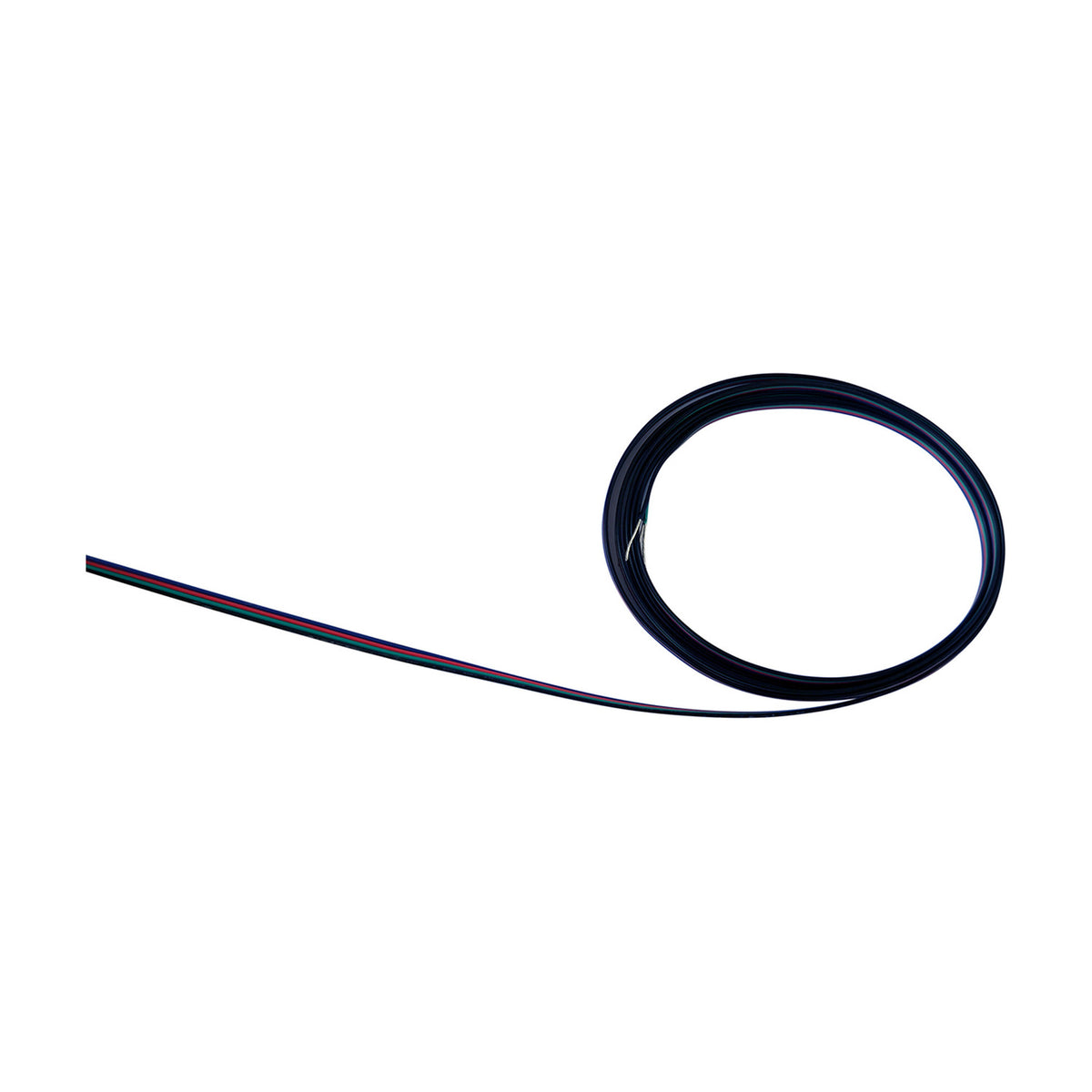 Cavo 4 core 0.5mm copper cable for RGB LED strips, shown coiled with a straight length extending out, black PVC jacket with coloured core stripes, on a plain white background.