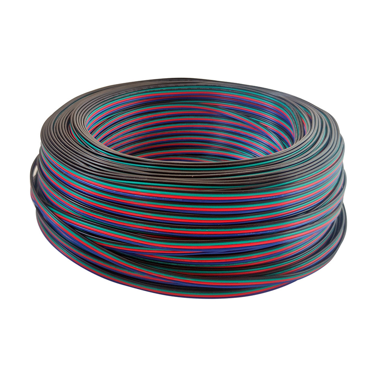 Large coiled roll of 4-core 0.5mm copper cable with black, red, blue, and green wires for RGB LED strips, shown against a plain white background.