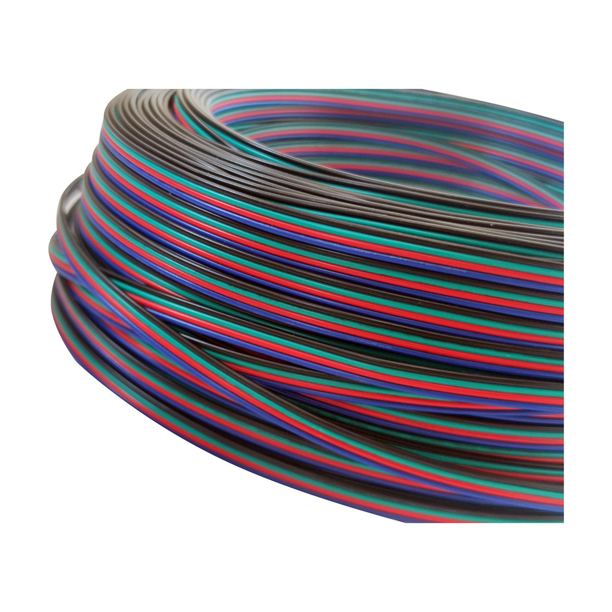 Coiled 4 core copper cable with black, red, green and blue PVC-coated conductors, 0.5mm RGB LED strip wire shown in a tightly wound loop on a white background.