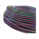 Coiled 4 core copper cable with black, red, green and blue PVC-coated conductors, 0.5mm RGB LED strip wire shown in a tightly wound loop on a white background.