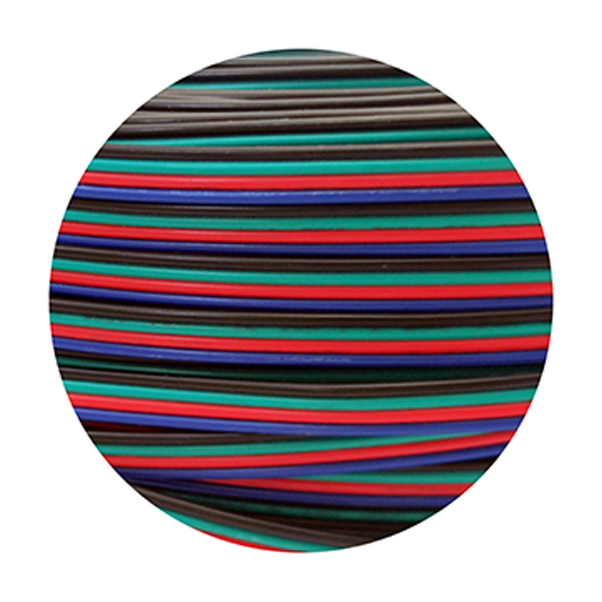 Close-up of Cavo 4 core copper cable for RGB LED strips, 0.5mm PVC-coated wires in red, blue, green and black, coiled in circular arrangement on white background.