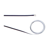 Cavo 5-core copper cable for RGBW LED strips, flat white PVC sheath with red, black, blue and green cores, shown straight and coiled on a plain white background.