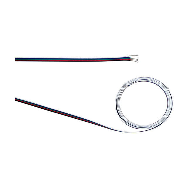 Cavo 5-core copper cable for RGBW LED strips, flat white PVC sheath with red, black, blue and green cores, shown straight and coiled on a plain white background.
