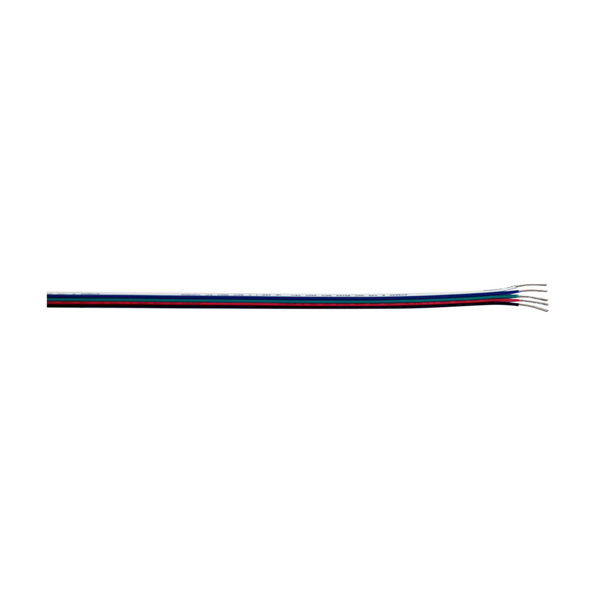 Cavo 5-core copper cable for RGBW LED strips, flat white PVC sheath with red, green, blue and black cores, exposed stripped wire ends, on a plain white background.