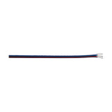 Cavo 5-core copper cable for RGBW LED strips, flat white PVC sheath with red, green, blue and black cores, exposed stripped wire ends, on a plain white background.