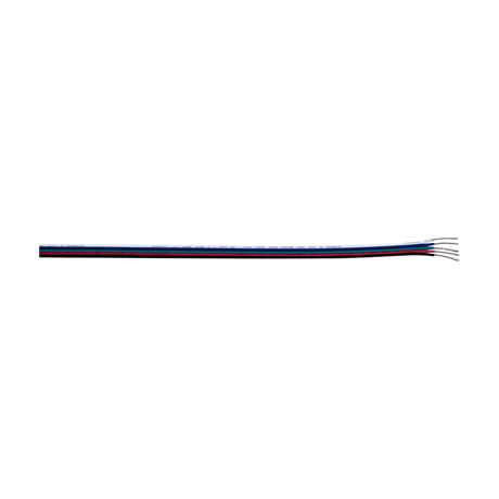 Cavo 5-core copper cable for RGBW LED strips, flat white PVC sheath with red, green, blue and black cores, exposed stripped wire ends, on a plain white background.
