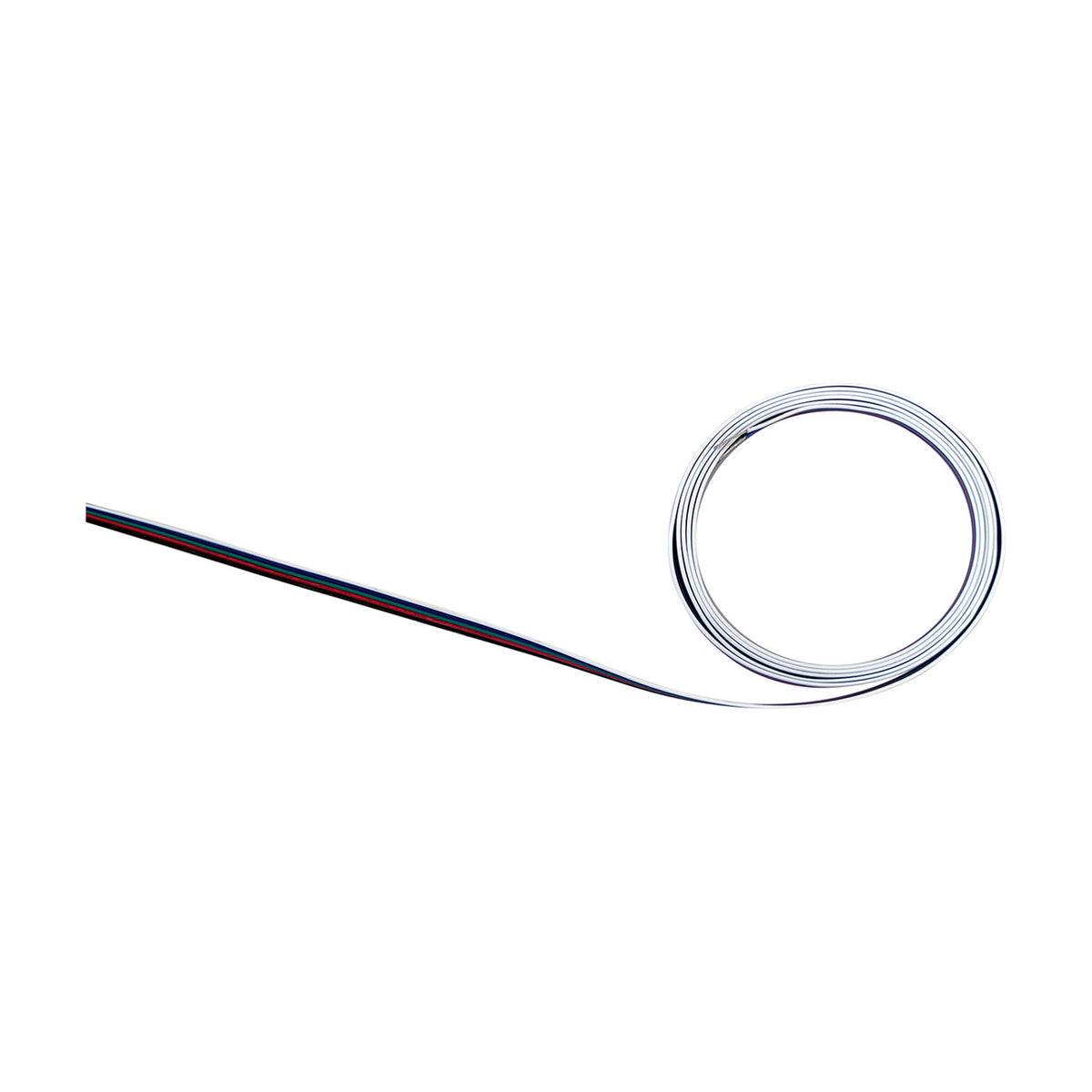 Cavo Copper Cable 5 Core 0.5mm for RGBW LED Strip, coiled white flexible sheath with visible red, blue and black cores, shown on a plain white background.