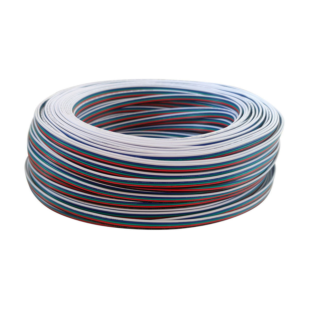 Coiled 5-core 0.5mm copper cable for RGBW LED strips, with white, red, green, and blue insulated wires bundled together, shown on a plain white background.