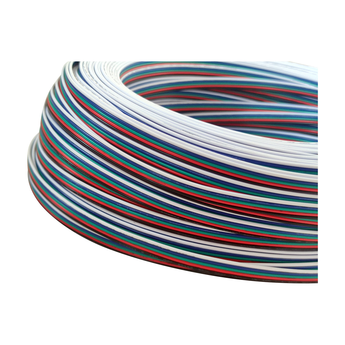 Coiled 5-core copper cable for RGBW LED strips, with red, green, blue, black and white insulated wires bundled together, shown on a plain white background.