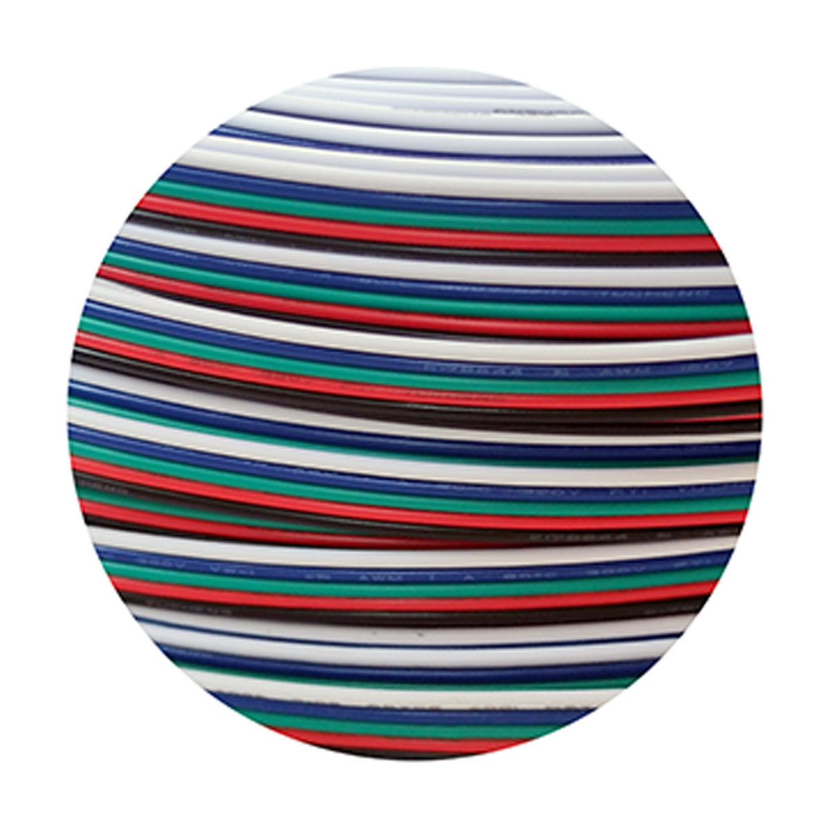 Cross-section view of Cavo 5-core copper cable for RGBW LED strips, showing red, green, blue, black and white 0.5mm insulated wires bundled in a round flexible sheath.