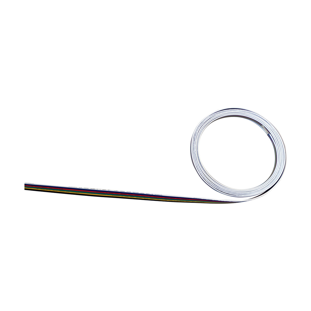 Cavo 6-core 0.5mm copper cable for RGB CCT LED strips, white PVC-jacketed flex with coloured wire markings, coiled and unrolled on a plain white background.
